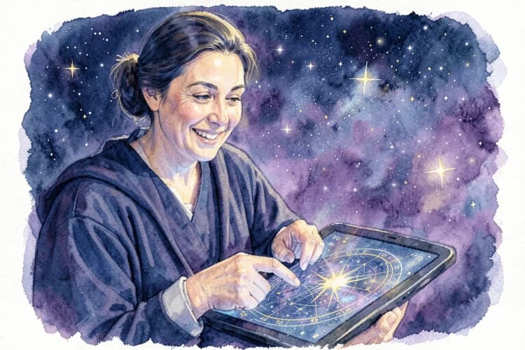 Close-up de uma astróloga sorrindo enquanto aponta para um gráfico em um tablet, com um fundo de estrelas.