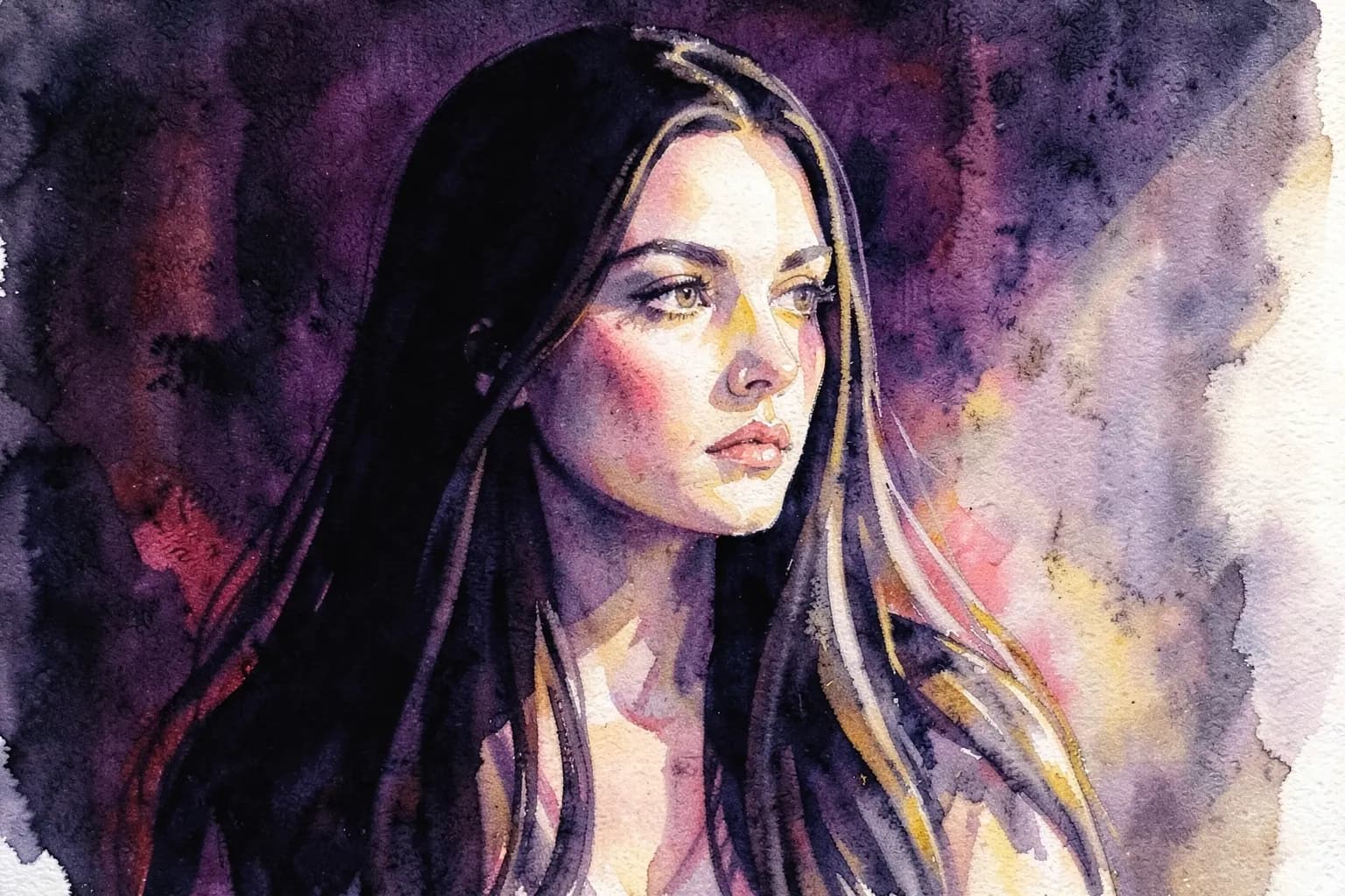 Mulher com cabelos longos e escuros, olhando para o lado com expressão séria, em um fundo escuro com detalhes em vermelho.