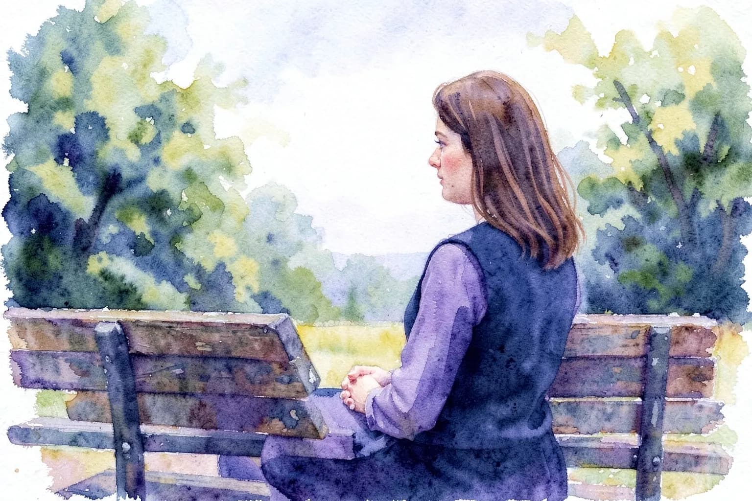 Mulher sentada em um banco de parque, olhando para o horizonte com uma expressão pensativa, com árvores desfocadas ao fundo.