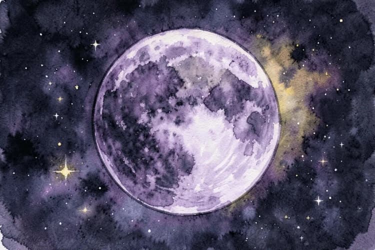 Representação artística de uma lua escura com detalhes em roxo e preto, em um fundo cósmico com estrelas.