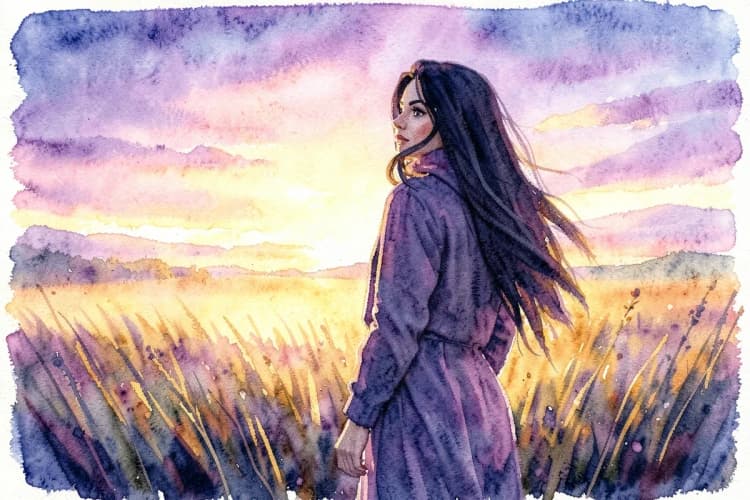 Uma mulher com cabelos longos e escuros, em pé em um campo aberto ao pôr do sol, olhando para o horizonte com expressão determinada.