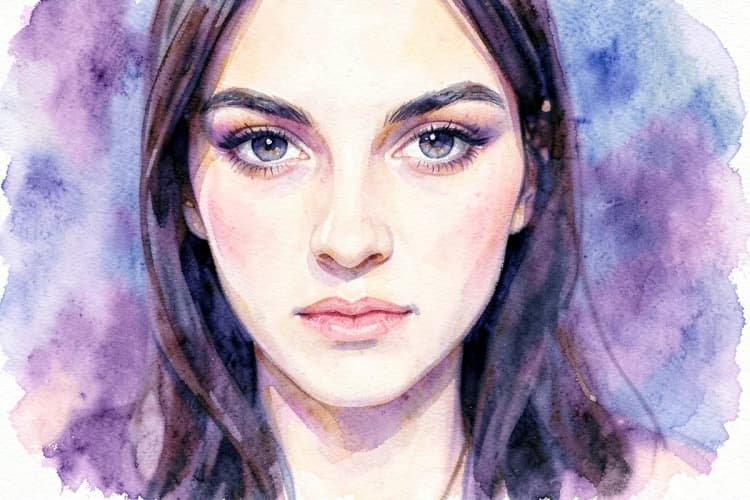 Close-up do rosto de uma mulher com maquiagem sutil e olhar intenso, com um fundo desfocado em tons de roxo e azul.