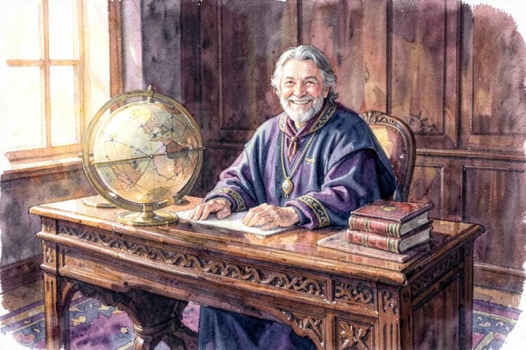 Uma astróloga sorrindo, sentada em uma mesa com um globo terrestre e livros, em um ambiente de consultório aconchegante.