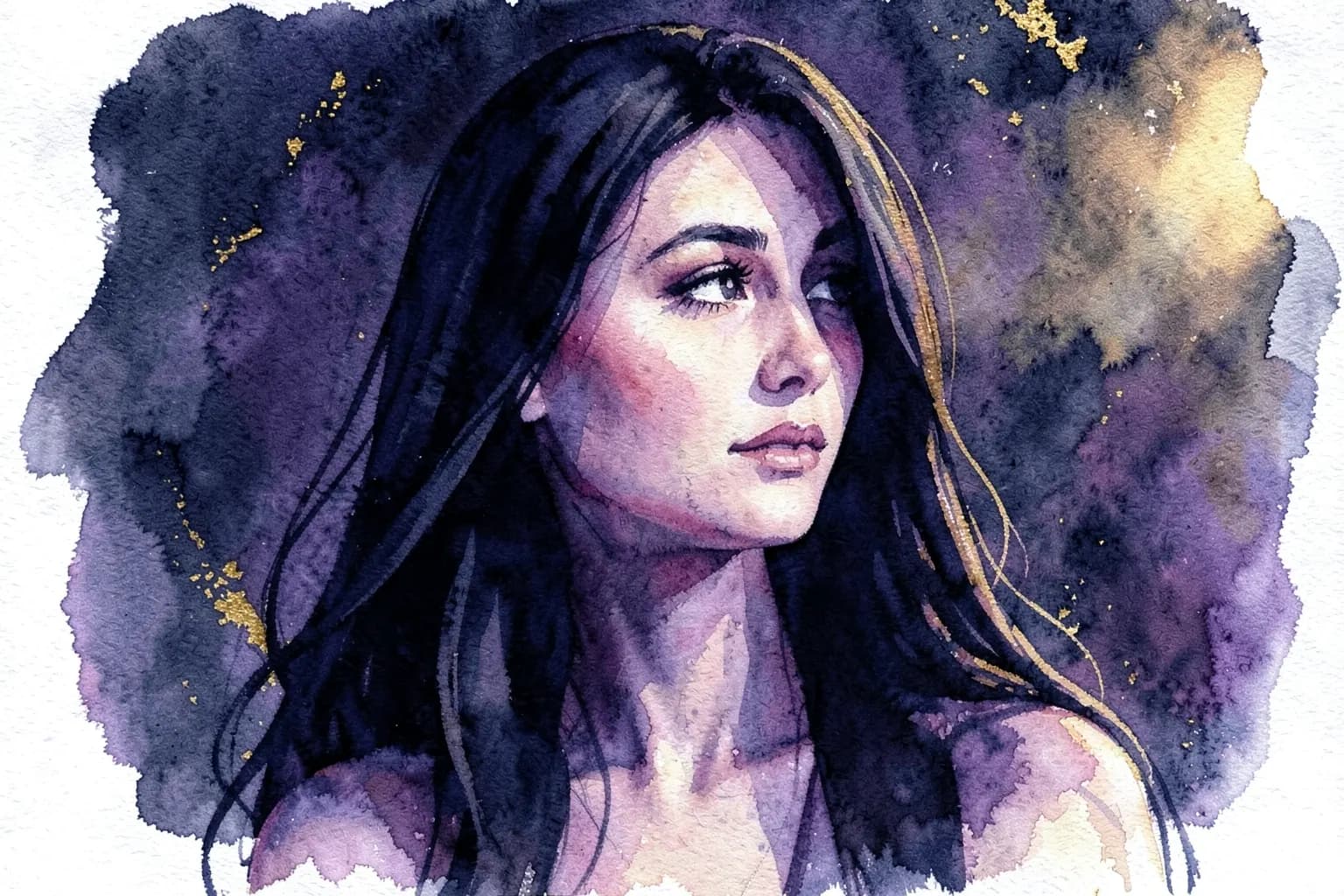 Mulher com cabelos longos e escuros, olhando para o lado com expressão pensativa, em um fundo escuro com detalhes em dourado e roxo.
