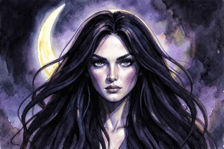 Ilustração de Lilith como uma figura sombria e poderosa, com cabelos esvoaçantes e olhos penetrantes, em frente a uma lua crescente.