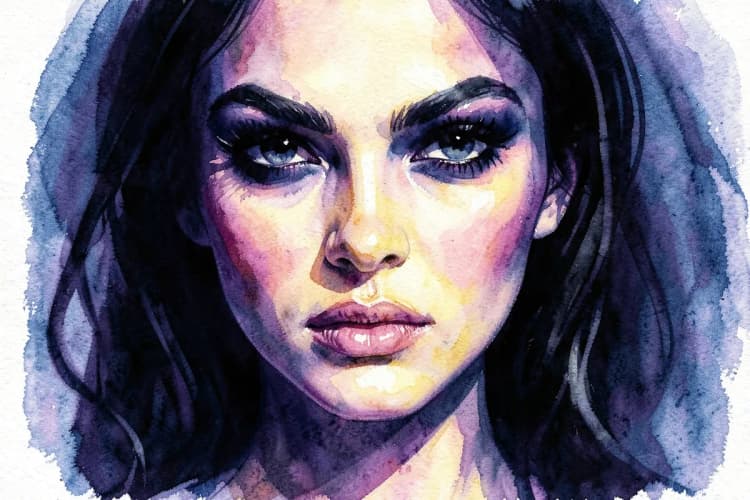 Close-up do rosto de uma mulher com maquiagem forte e olhar desafiador, com sombras profundas ao redor dos olhos.