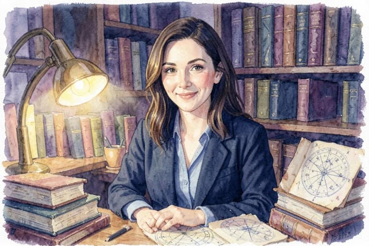 Astróloga Clarissa Cavalcanti em seu consultório, rodeada de livros e mapas astrais, sorrindo gentilmente para a câmera.