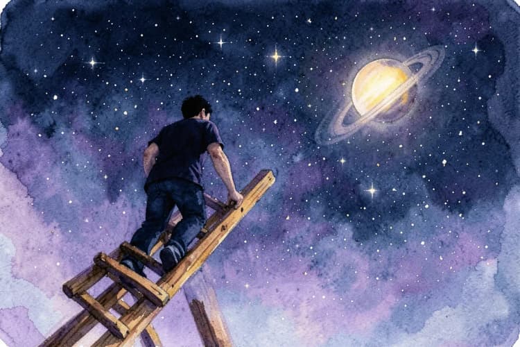 Uma pessoa subindo uma escada em direção a um céu estrelado.