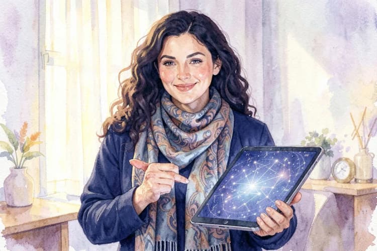 Uma astróloga sorridente apontando para um mapa celestial em um tablet.