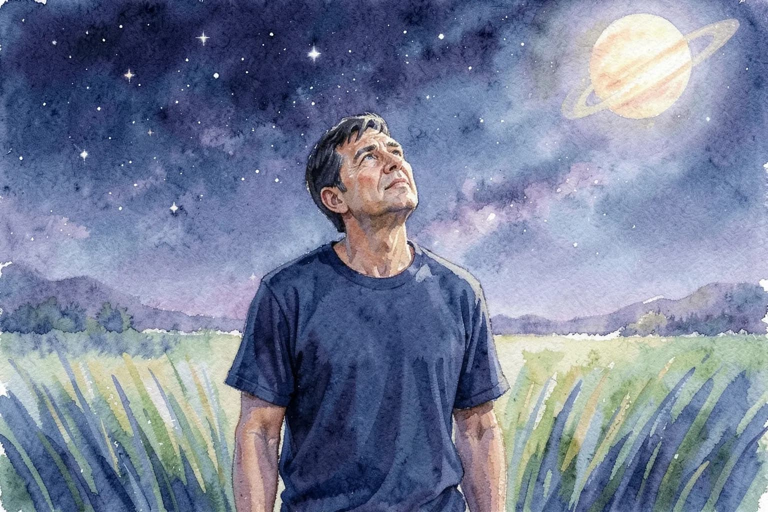 Um homem de meia-idade pensativo olhando para o céu noturno estrelado, com Saturno visível como um ponto brilhante.