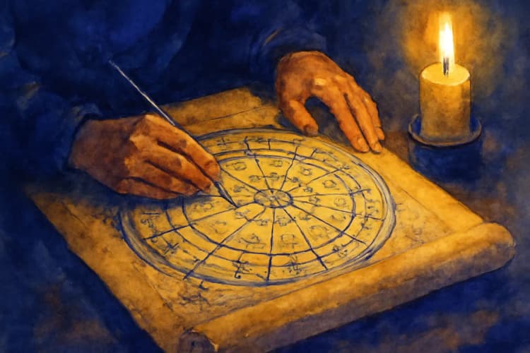 Um astrólogo consultando um mapa astral complexo em um pergaminho antigo, com símbolos celestes desenhados.