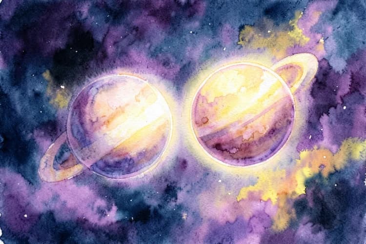 Dois planetas se alinhando em um céu cósmico, com nebulosas coloridas ao fundo.