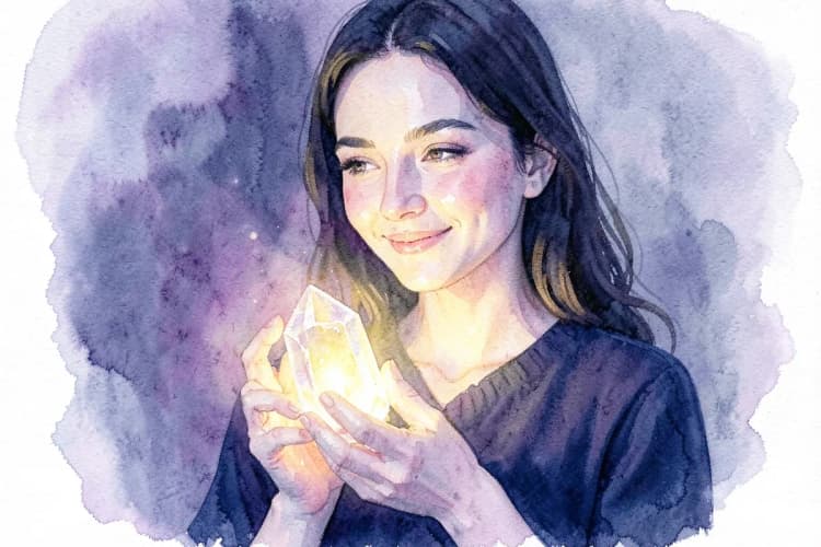 Uma mulher sorrindo enquanto segura um cristal brilhante, com um fundo de elementos astrológicos desfocados.